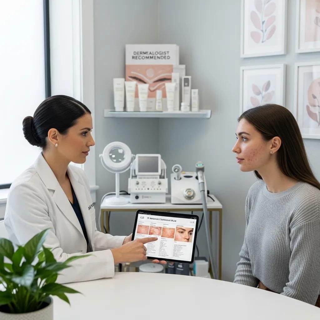 Dermatologist consulting with a patient about acne scar treatment options in a modern clinic