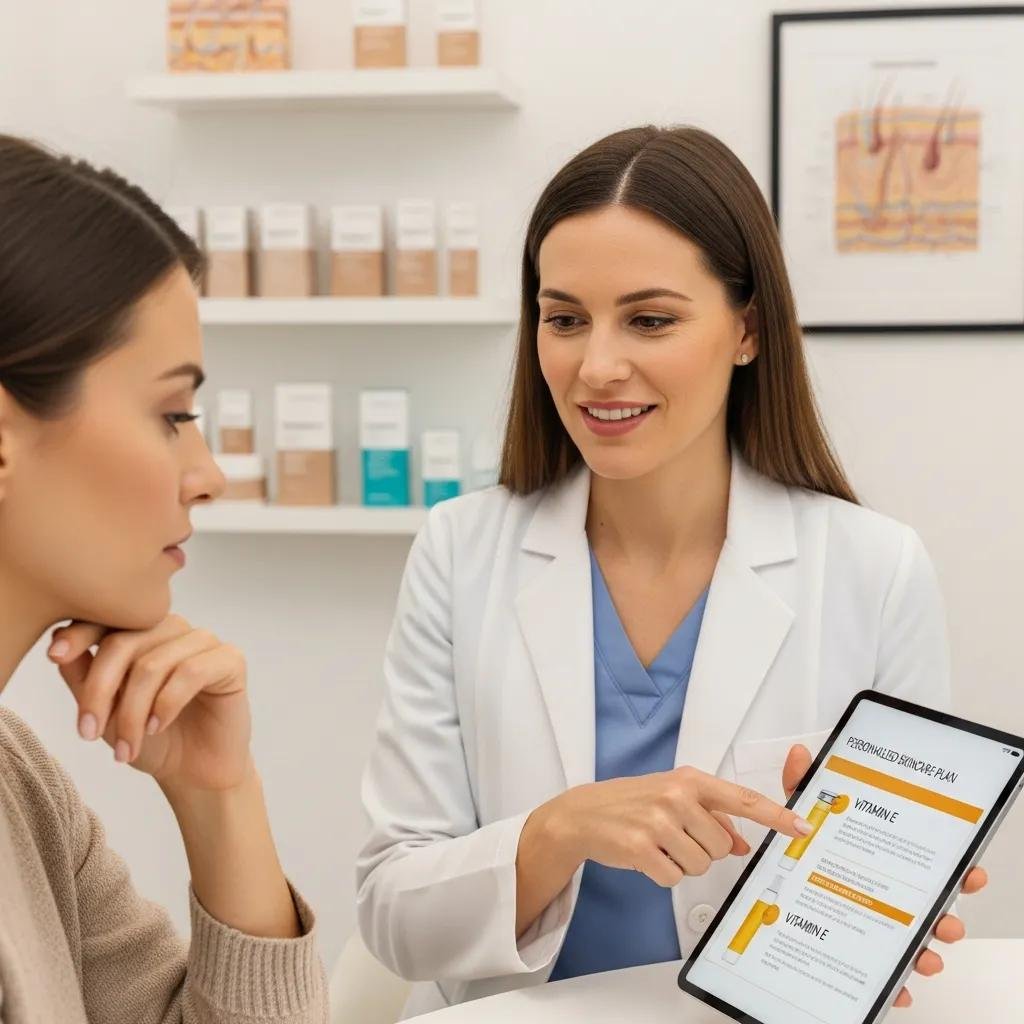 Dermatologist discussing personalized skincare plans with a client, highlighting the inclusion of Vitamin E for optimal skin results