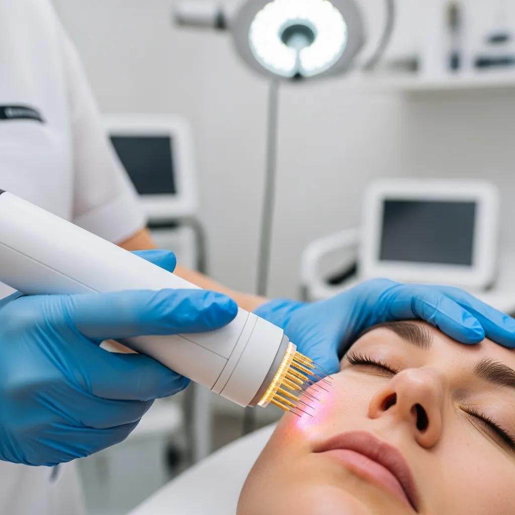 Dermatologist using RF microneedling device on a patient's face for acne scar treatment