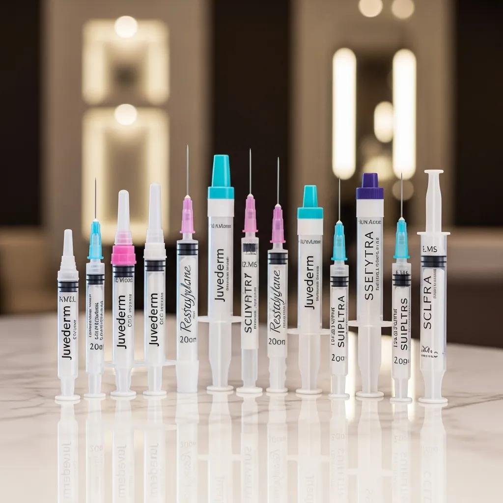 Display of various dermal filler syringes, highlighting different brands and types in an elegant setting