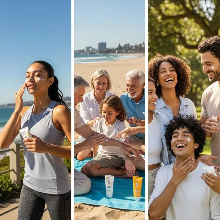 Diverse group applying sunscreen outdoors, highlighting the importance of daily SPF for skin health