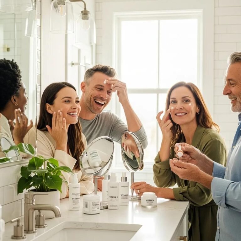 Diverse individuals applying Vitamin A skincare products in a bright bathroom, highlighting skincare benefits