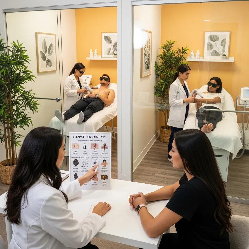 Diverse patients consulting with a clinician about personalized laser hair removal treatments in a welcoming clinic