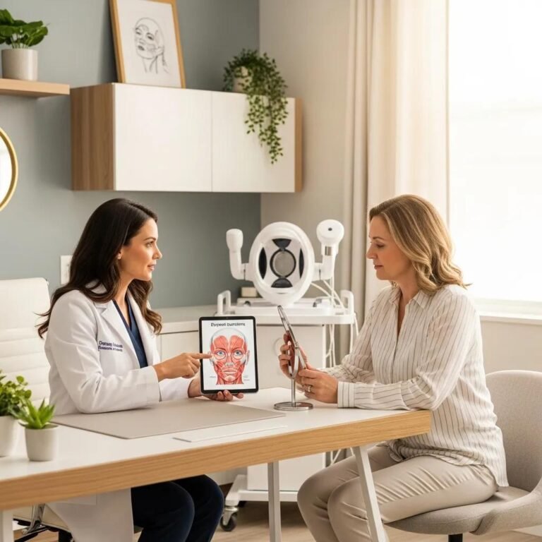 Dysport injection consultation in a modern medical spa, highlighting patient-dermatologist interaction