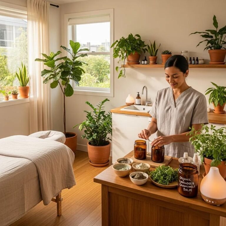 Eco-friendly med spa environment with organic skincare products and natural decor
