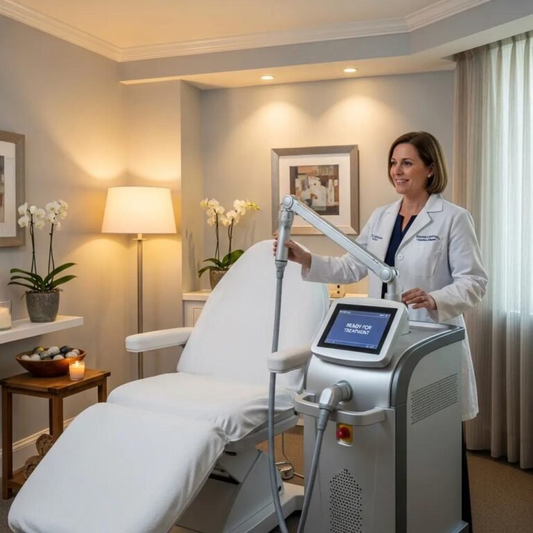 Er:YAG laser device in a calming spa environment, emphasizing skin rejuvenation and professional care