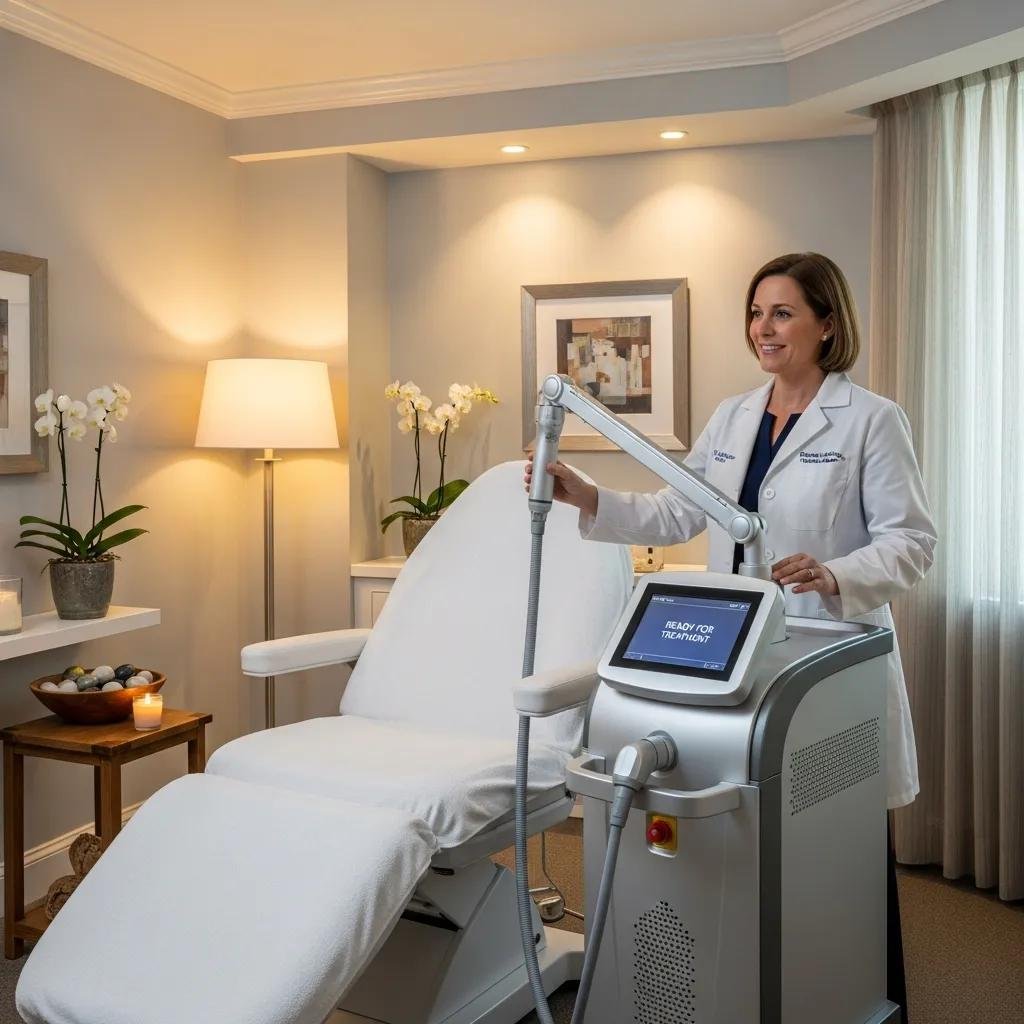 Er:YAG laser device in a calming spa environment, emphasizing skin rejuvenation and professional care
