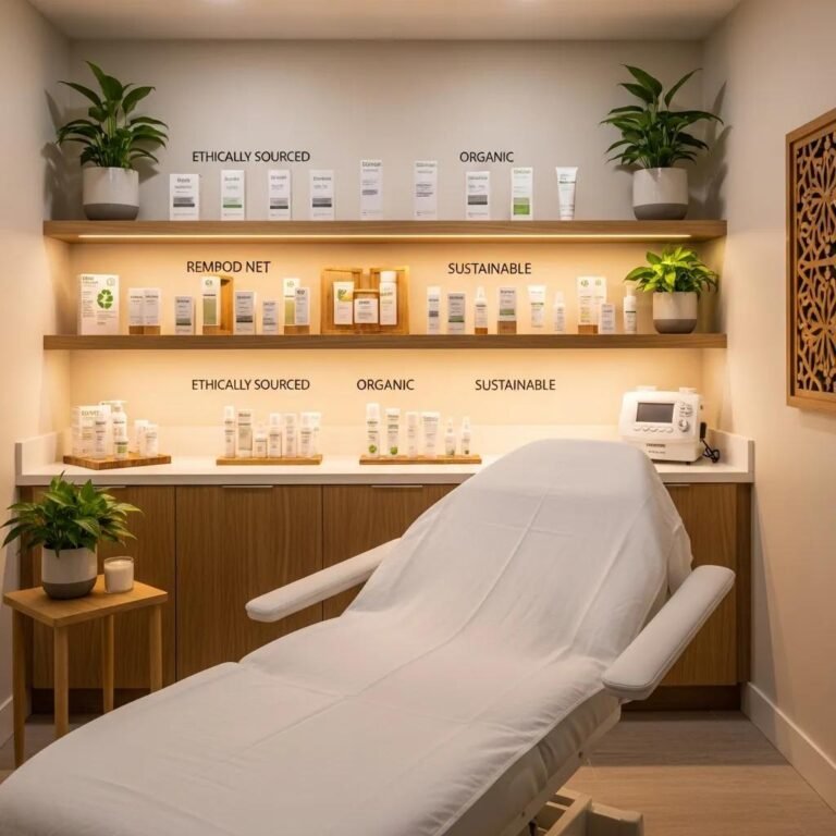 Ethically sourced skincare products displayed in a serene med spa environment, highlighting sustainability and client safety