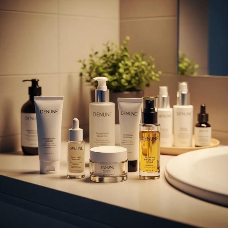Evening skincare products arranged on a bathroom counter, emphasizing a calming skincare routine