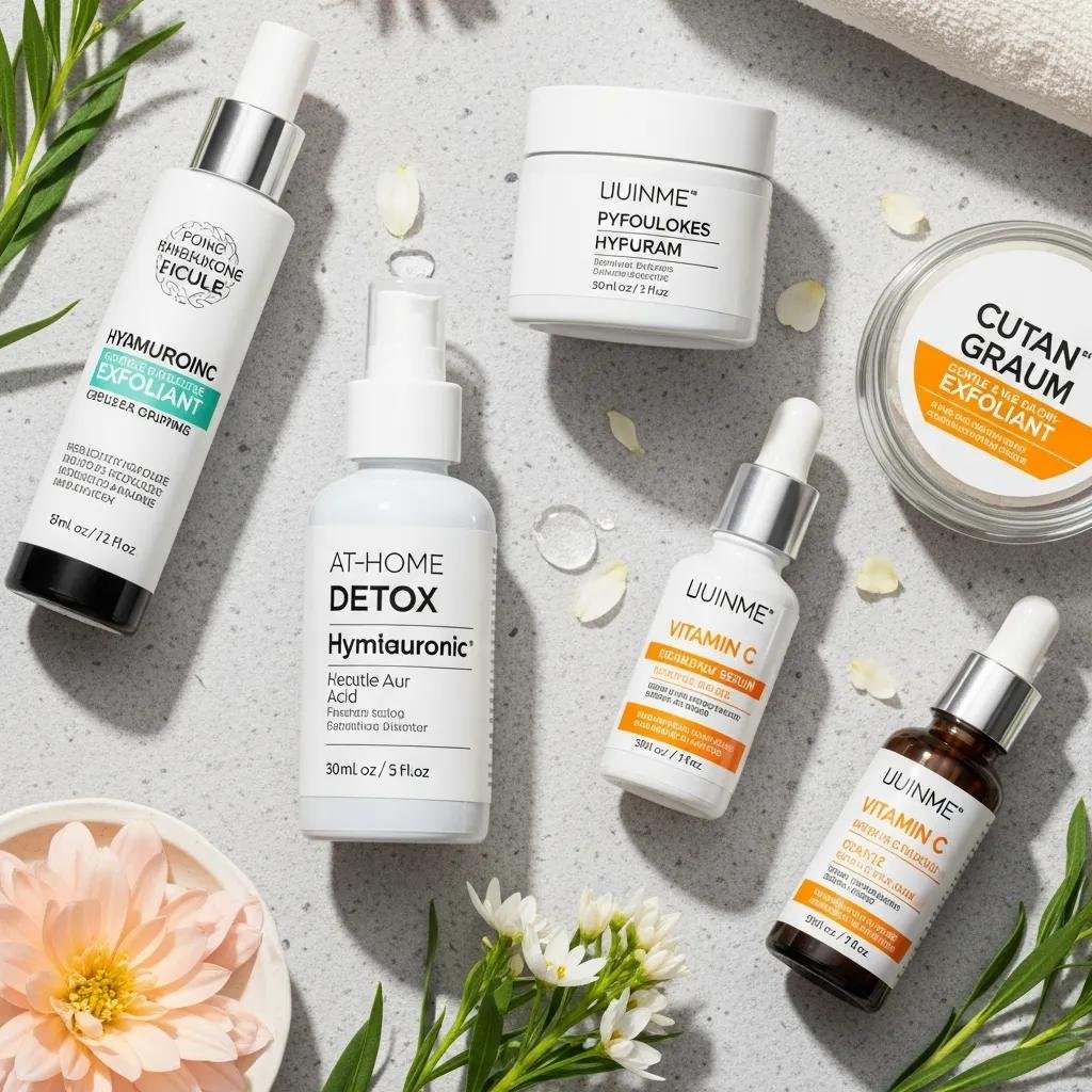 Flat lay of at-home skincare products for detoxifying skin after the holidays