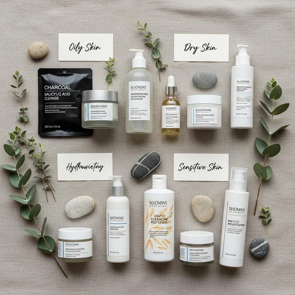 Flat lay of skincare products for different skin types including oily, dry, and sensitive