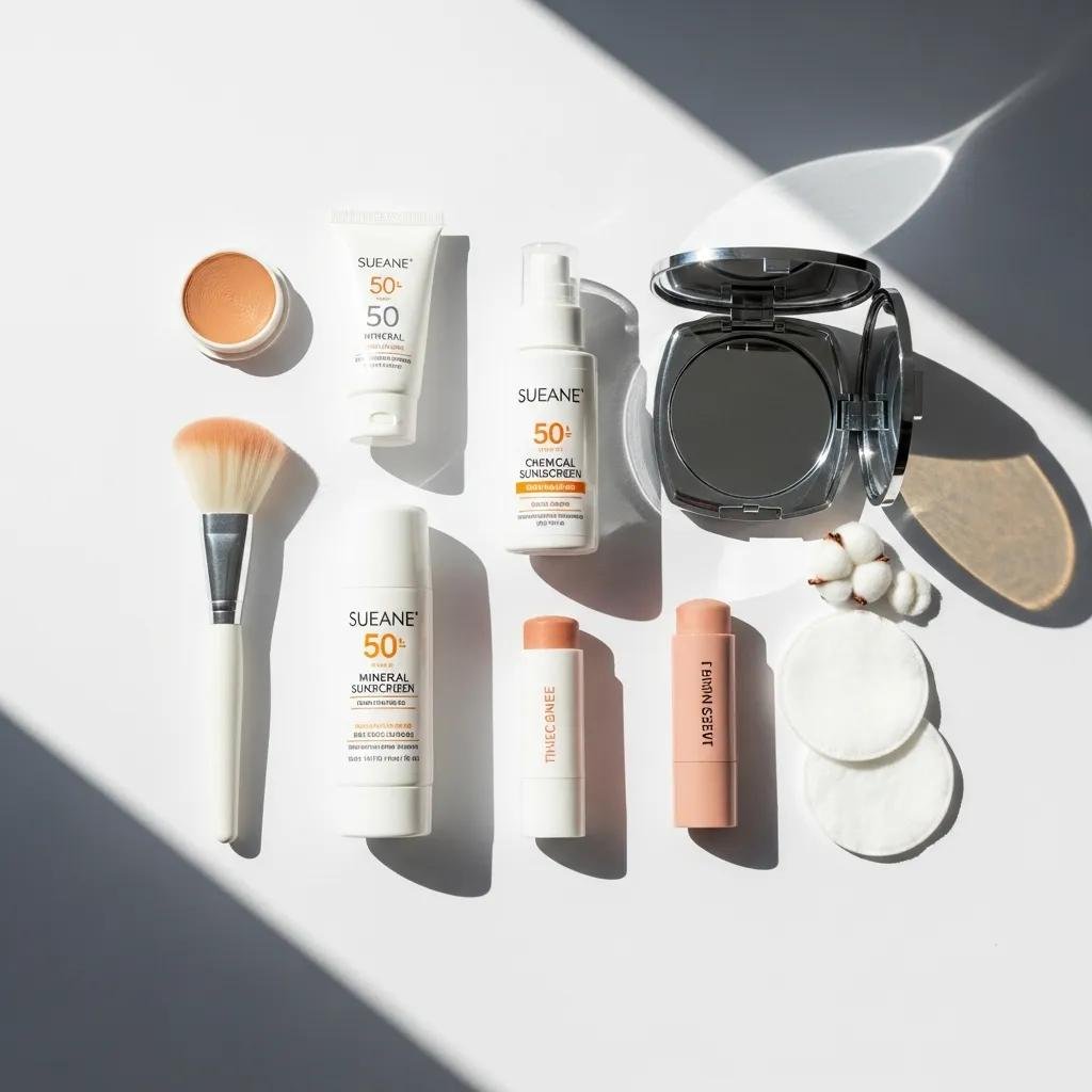 Flat lay of sunscreen products and application tools for an effective daily sun protection routine