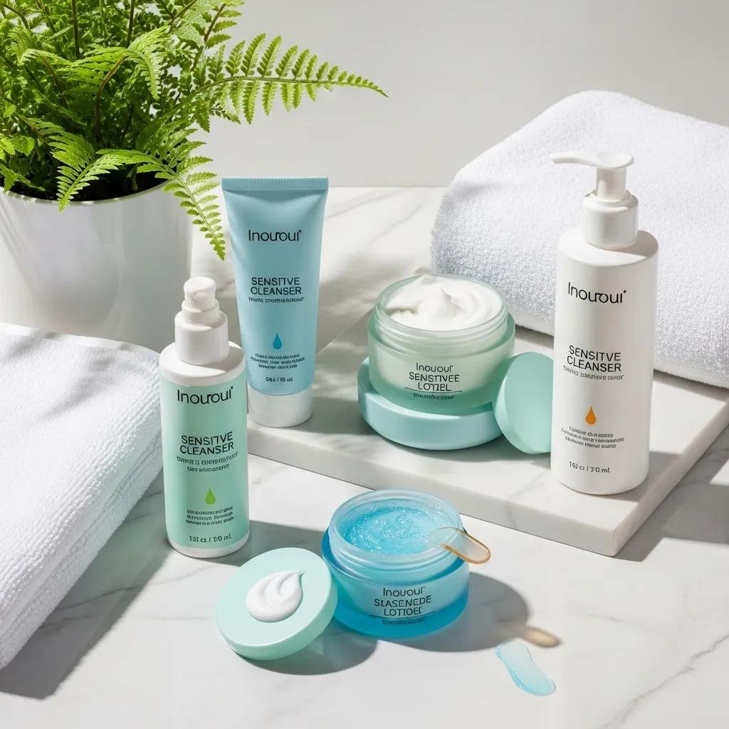Gentle cleansers and moisturizers for sensitive skin displayed on a light surface, highlighting their textures and calming aesthetic