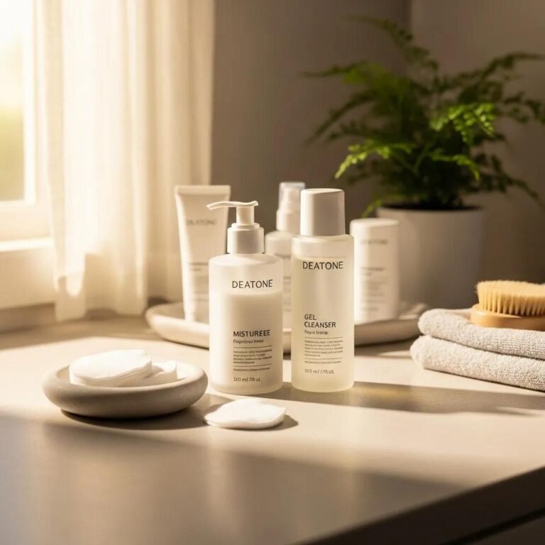 Gentle skincare products for sensitive skin on a bathroom counter, emphasizing a calming and inviting atmosphere