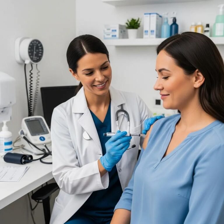 Healthcare professional administering GLP-1 weight loss injection in a modern clinic