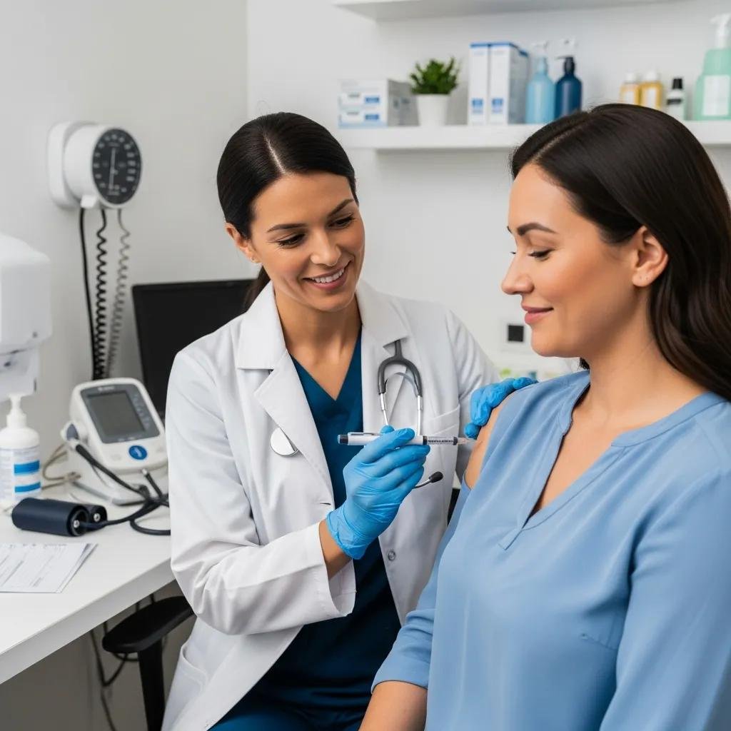 Healthcare professional administering GLP-1 weight loss injection in a modern clinic