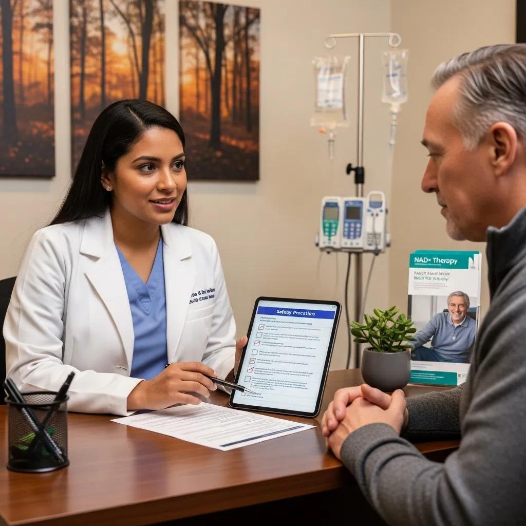 Healthcare professional discussing safety precautions with a patient during NAD+ IV therapy consultation