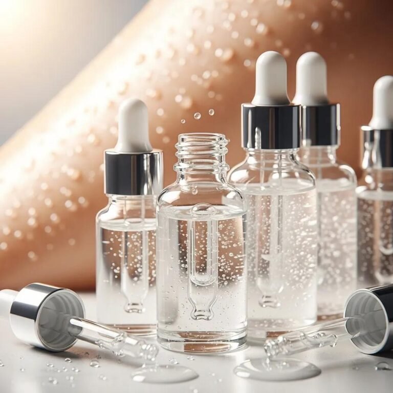 Hyaluronic acid serum bottles with dewy skin background, emphasizing hydration and skincare benefits