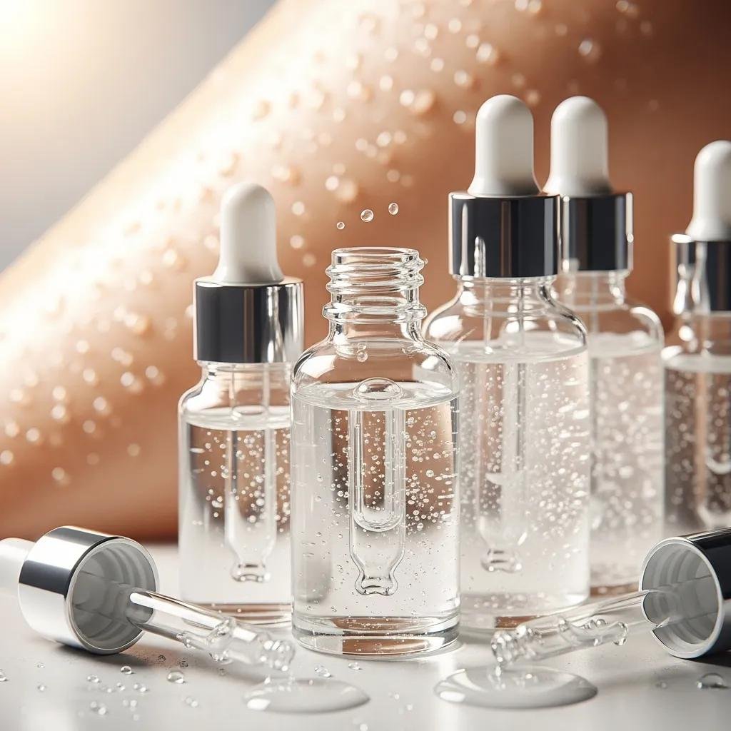 Hyaluronic acid serum bottles with dewy skin background, emphasizing hydration and skincare benefits