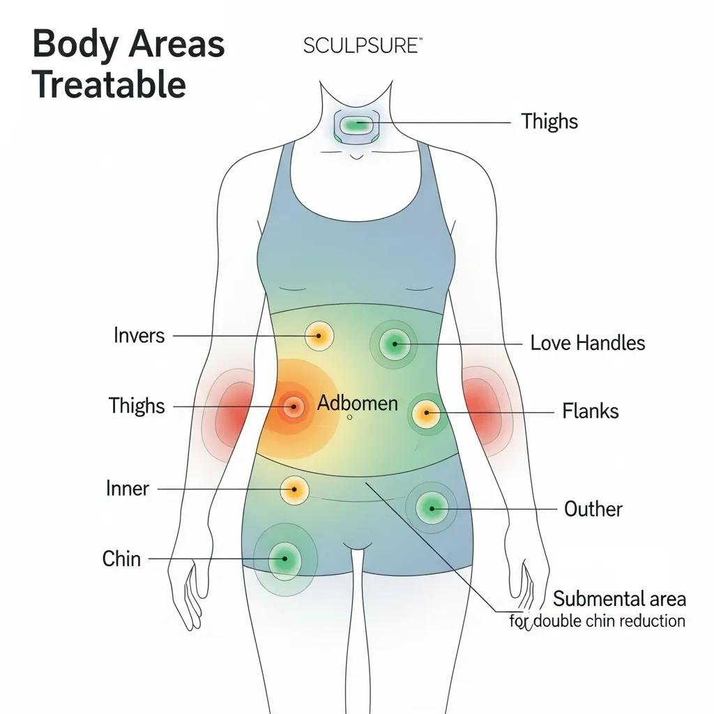 Illustration of body areas treated by SculpSure including abdomen, flanks, thighs, and chin