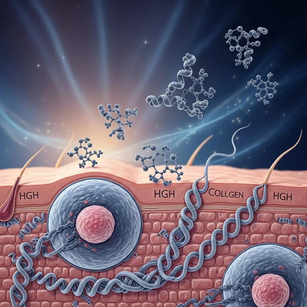 Illustration of human growth hormone interacting with skin cells to promote collagen production