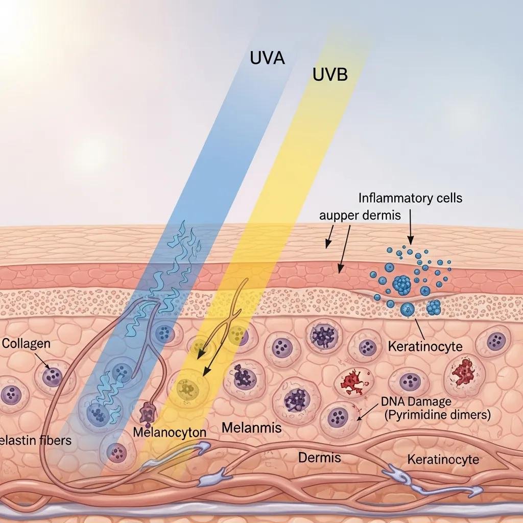 Illustration of UV radiation effects on skin layers, showing UVA and UVB damage