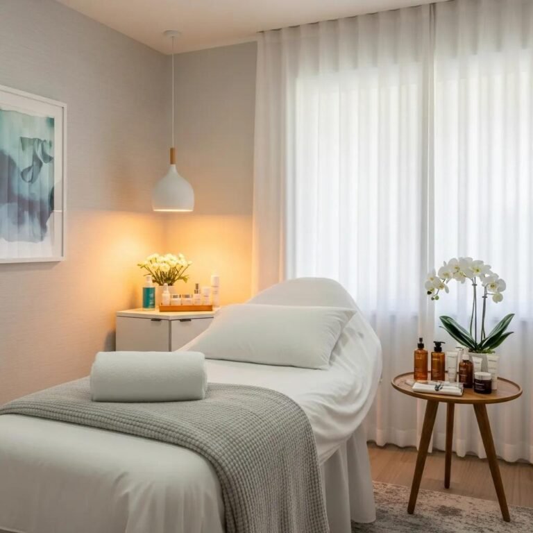 Inviting med spa treatment room with aesthetic decor and skincare products