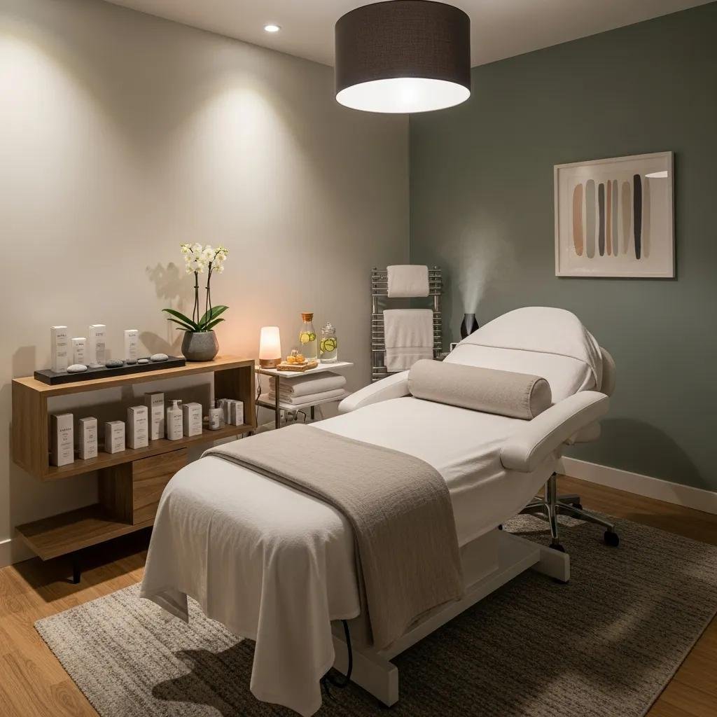 Inviting med spa treatment room with calming decor and skincare products
