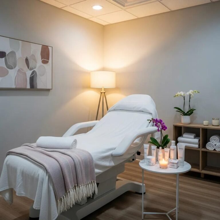 Inviting medical spa treatment room with aesthetic decor and skincare products