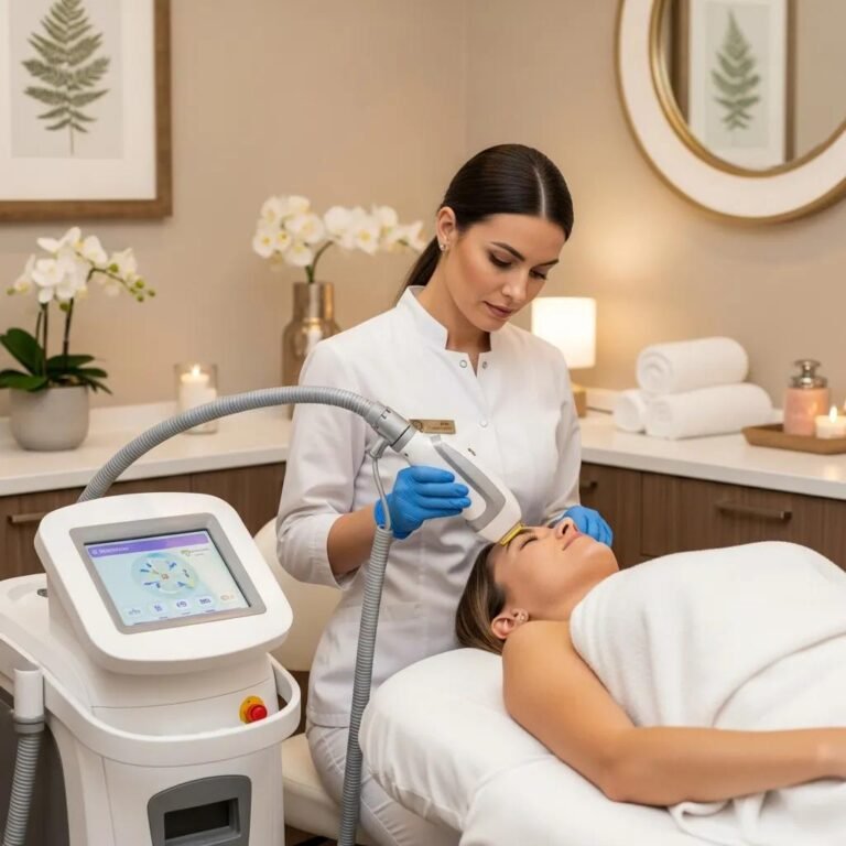 Laser hair removal treatment in a calming spa environment with a professional clinician and relaxed patient