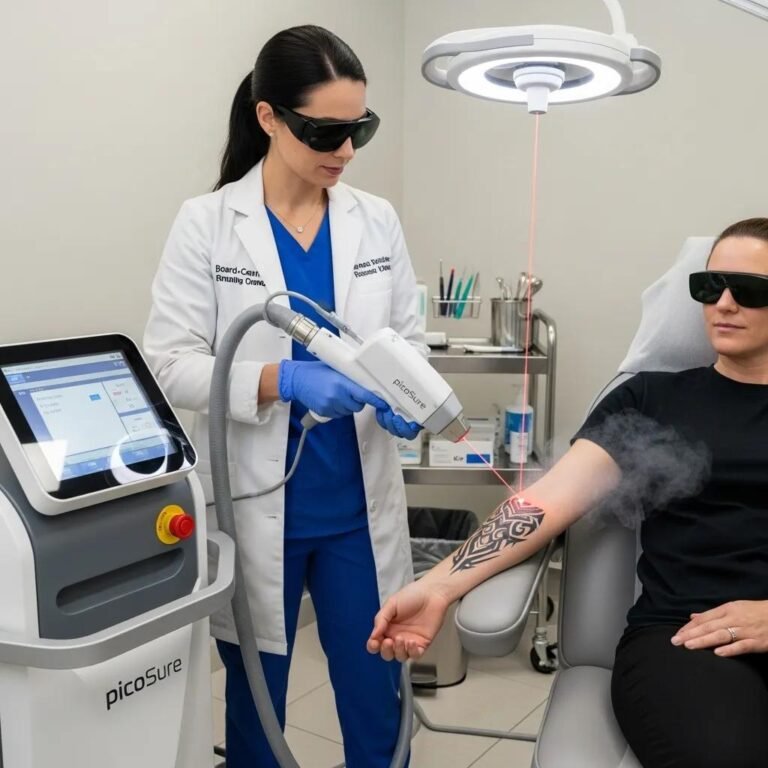 Laser tattoo removal procedure showcasing a practitioner using a picosecond laser on a patient's arm