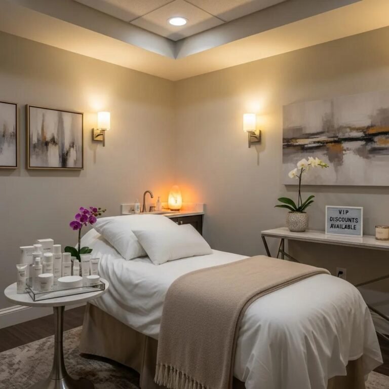Luxurious med spa treatment room emphasizing personalized aesthetic care and membership benefits