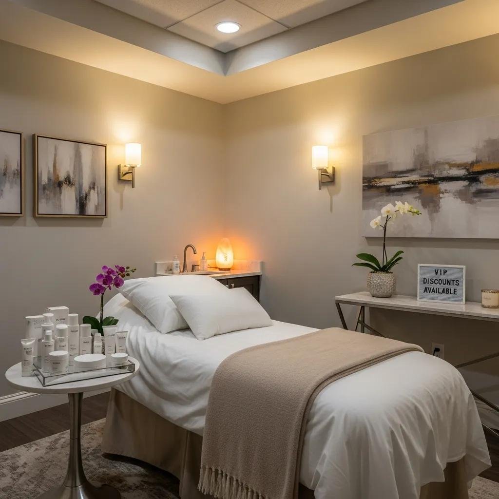 Luxurious med spa treatment room emphasizing personalized aesthetic care and membership benefits