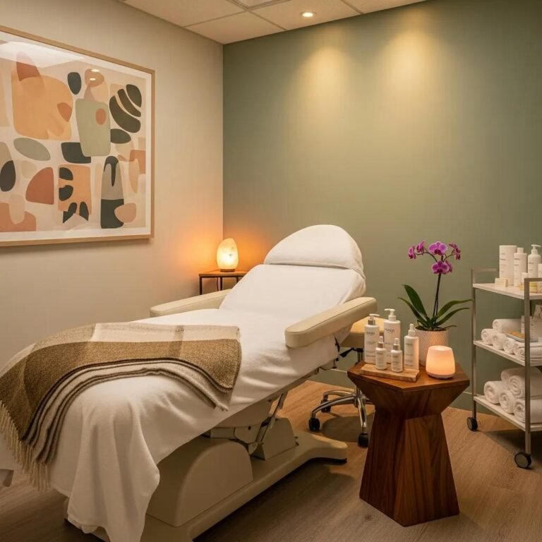 Med spa treatment room with calming decor and skincare products, emphasizing natural beauty enhancement