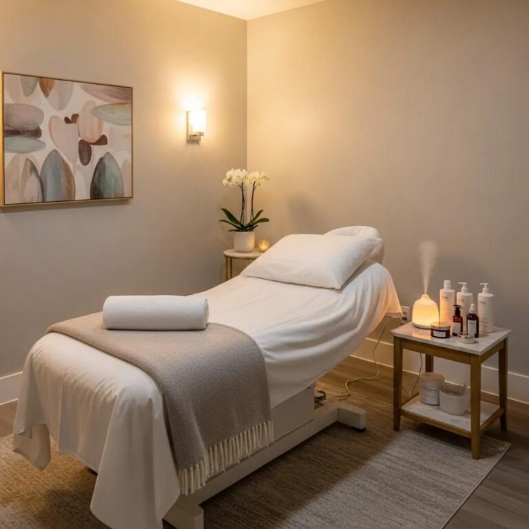 Med spa treatment room with calming decor and skincare products, representing aesthetic services