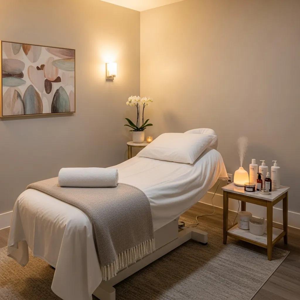Med spa treatment room with calming decor and skincare products, representing aesthetic services