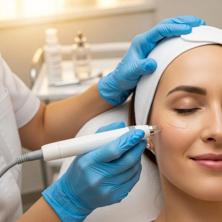 Microneedling procedure with PRP in a clinical setting, highlighting skin renewal and patient care