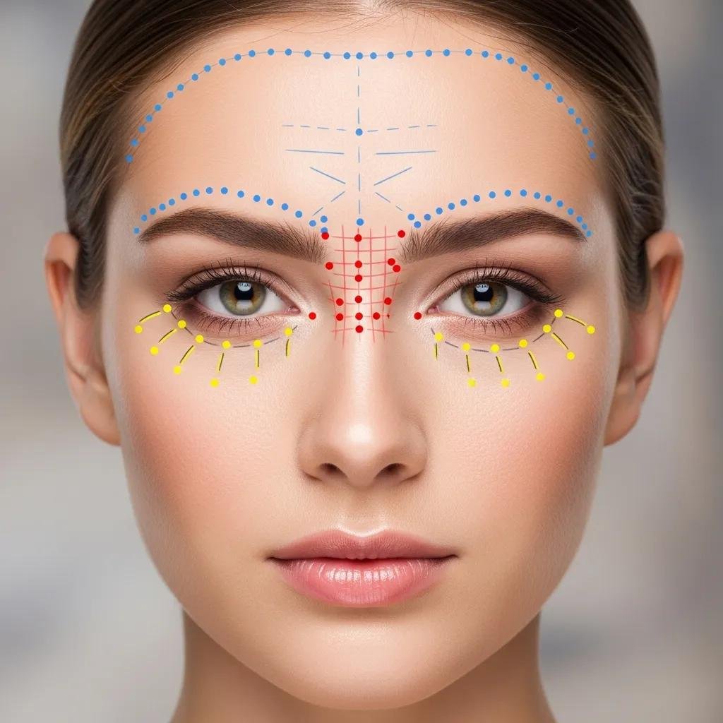 Model's face with highlighted treatment areas for Botox and Dysport applications