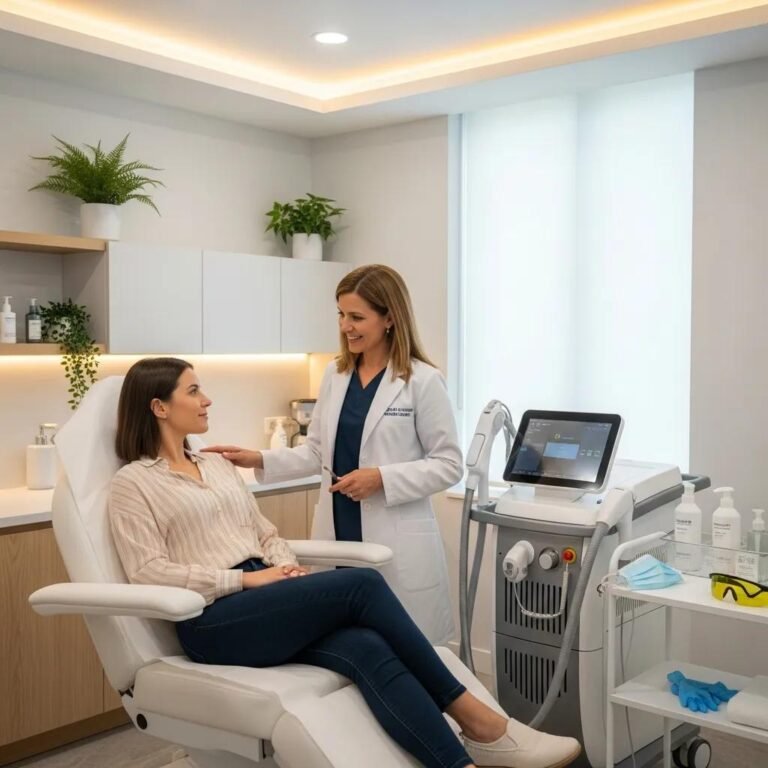 Modern laser hair removal clinic with dermatologist consulting patient, emphasizing safety and comfort