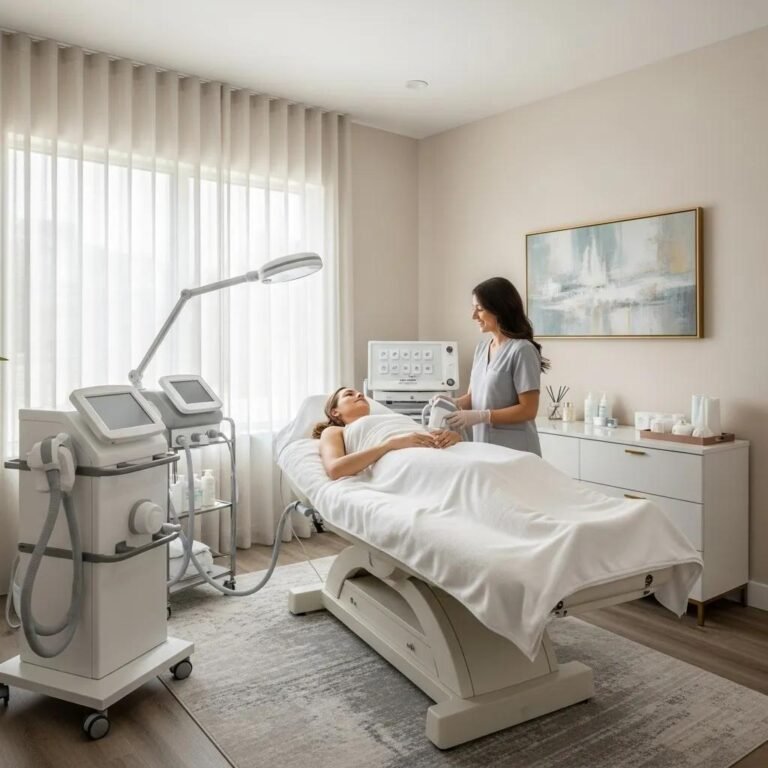 Modern medical spa environment with a patient receiving non-invasive body contouring treatment