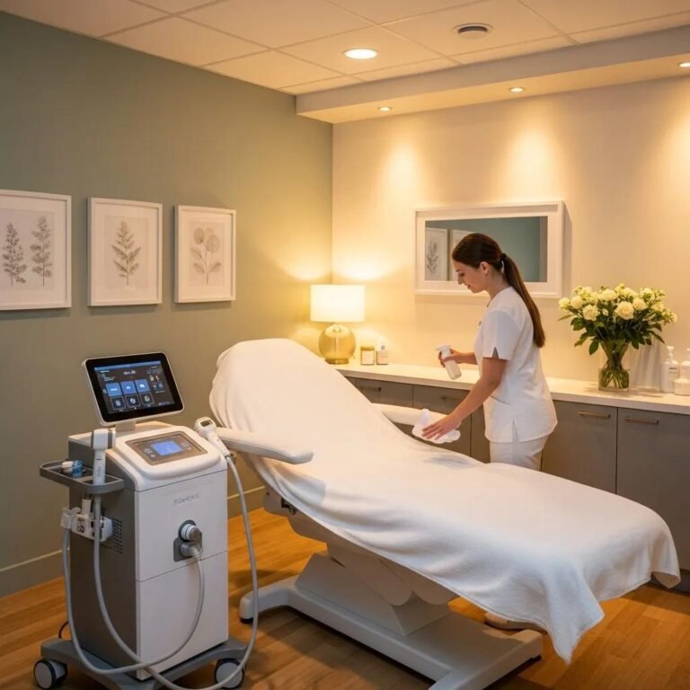 Modern medical spa treatment room for non-surgical skin tightening with professional aesthetician