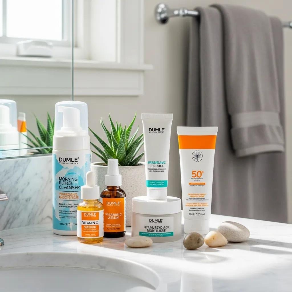 Morning skincare products including cleansers, serums, and sunscreen arranged on a bathroom counter