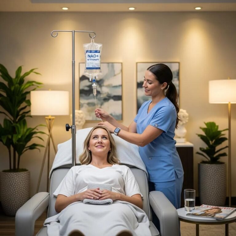 NAD+ IV therapy setup in a calming medical spa environment with a healthcare professional preparing an IV