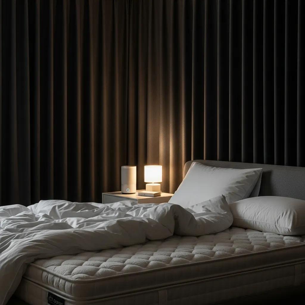 Optimized sleep environment with blackout curtains and calming decor for better wellness