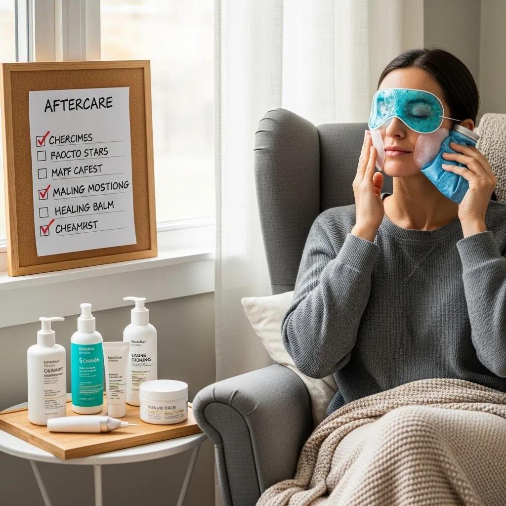 Patient at home following aftercare instructions with skincare products and checklist