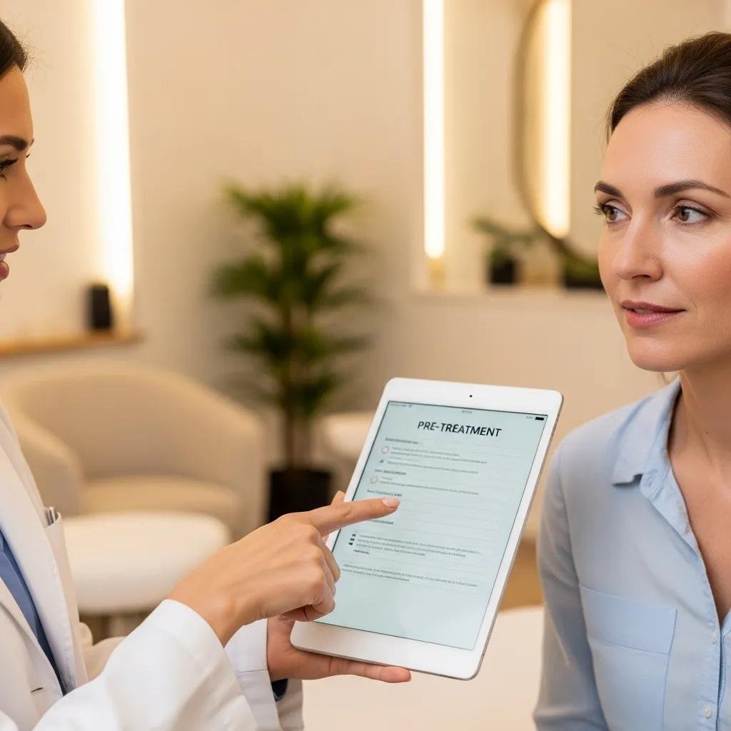 Patient consultation with dermatologist discussing pre-treatment guidelines in a med spa