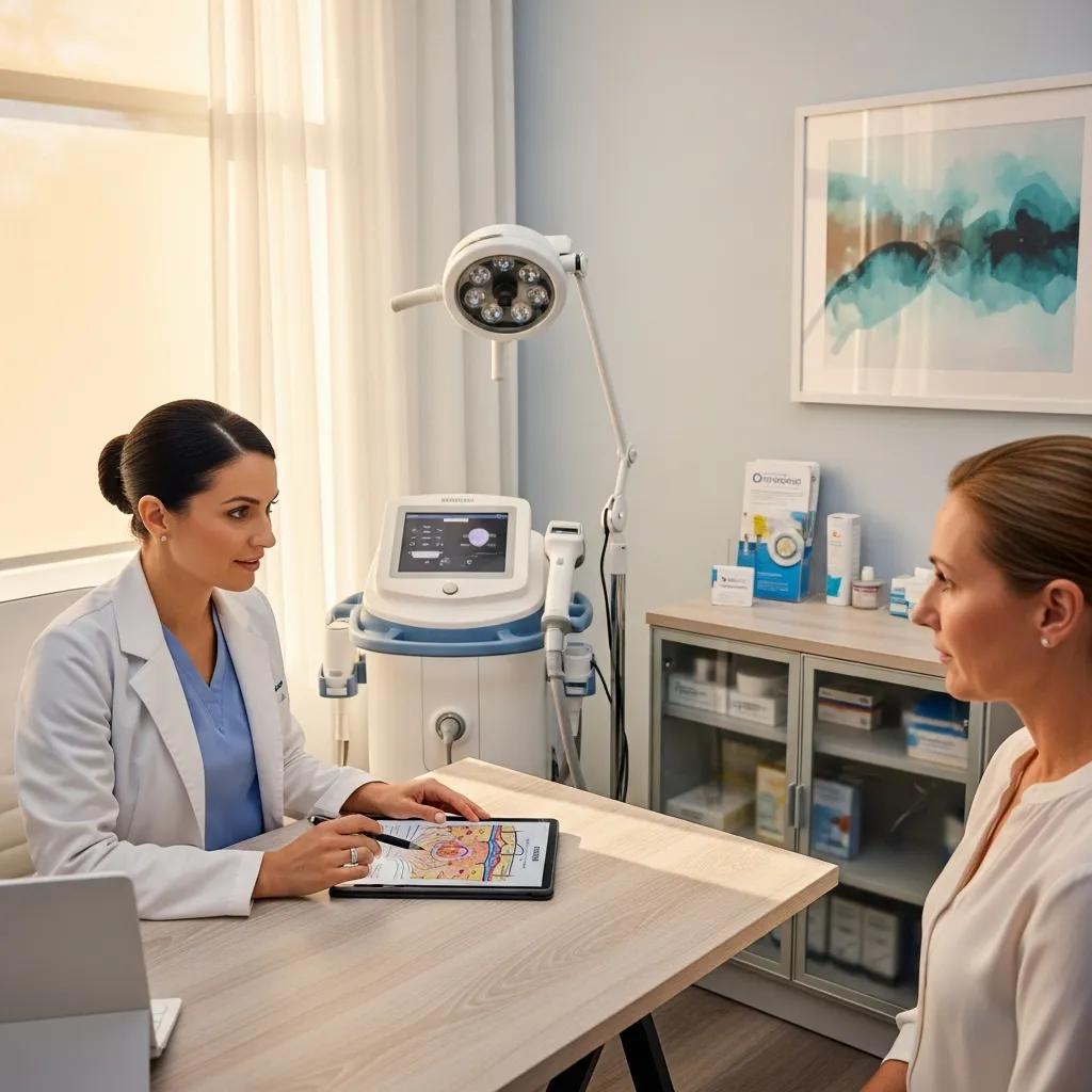 Patient consulting with a dermatologist about IPL treatment in a modern clinic