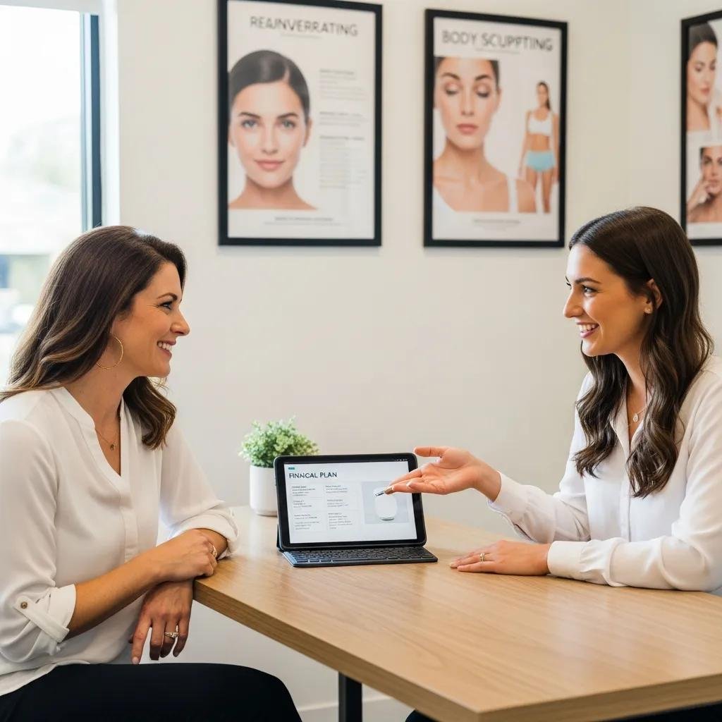 Patient consulting with med spa staff about flexible payment plans and financing options for aesthetic procedures