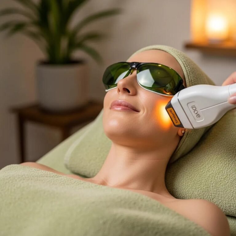 Patient receiving an IPL photofacial treatment in a calming spa environment