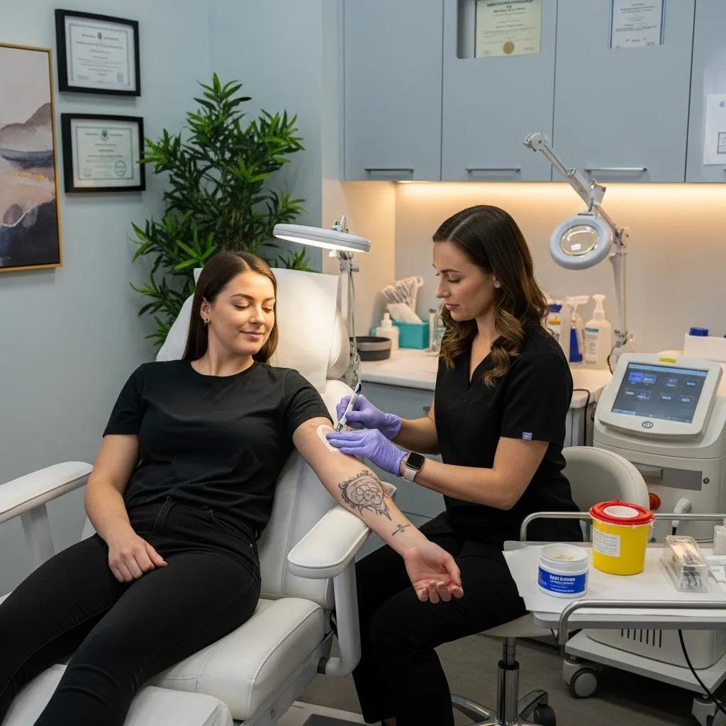 Patient receiving laser tattoo removal treatment with a practitioner applying numbing cream